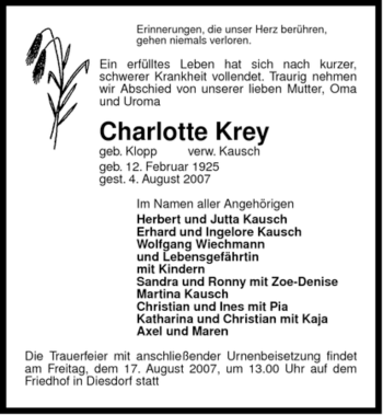 Traueranzeigen Von Charlotte Krey Az Trauer De