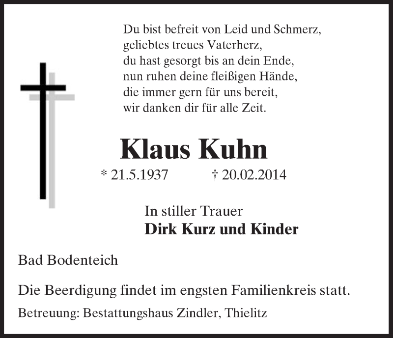 Traueranzeigen Von Klaus Kuhn Az Trauer De