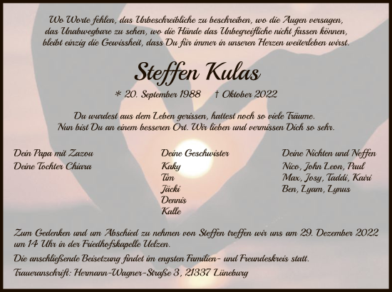 Traueranzeigen Von Steffen Kulas Az Trauer De