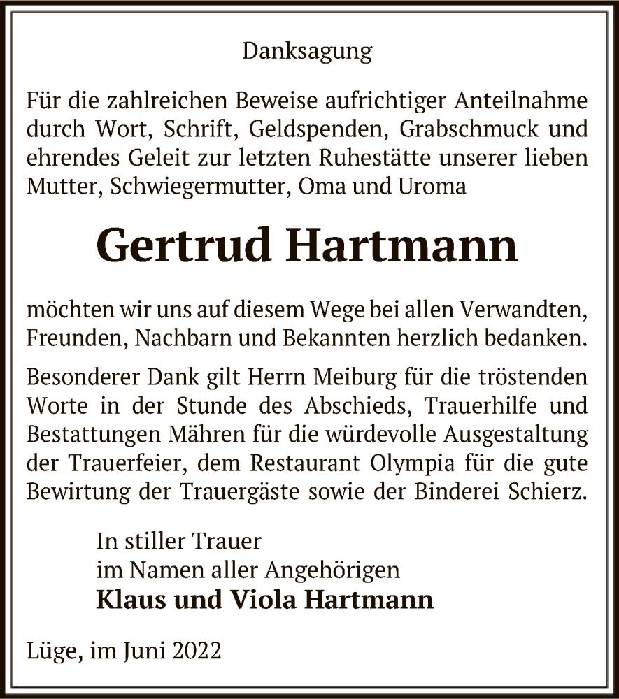 Traueranzeigen Von Gertrud Hartmann AZ Trauer De