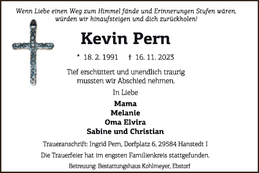 Traueranzeigen Von Kevin Pern AZ Trauer De