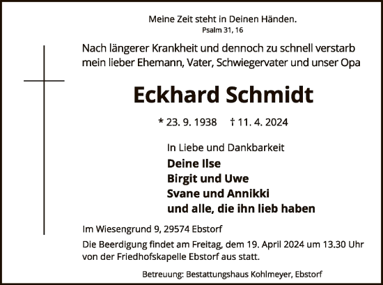 Traueranzeige von Eckhard Schmidt von UEL