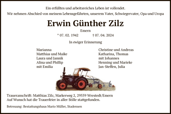 Traueranzeige von Erwin Günther Zilz von UEL