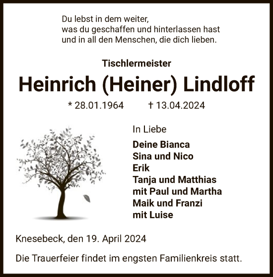 Traueranzeige von Heinrich Lindloff von UEL