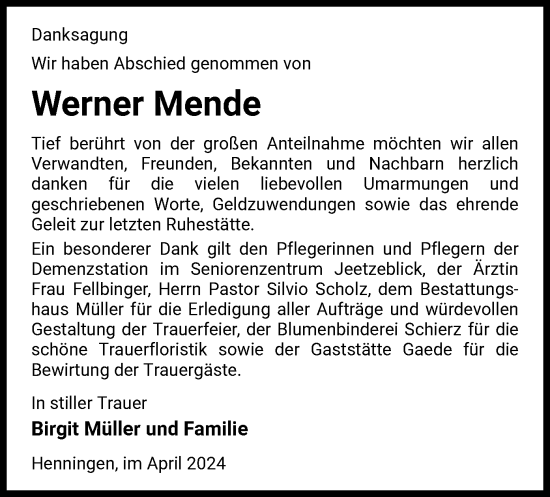 Traueranzeige von Werner Mende von UEL
