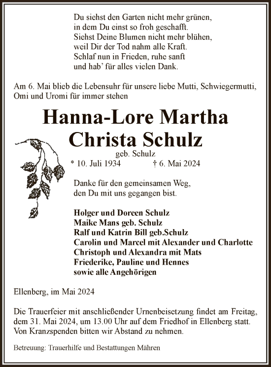 Traueranzeige von Hanna-Lore Martha Christa Schulz von UEL