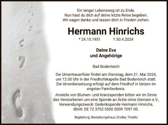 Traueranzeige von Hermann Hinrichs von UEL
