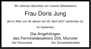Traueranzeige von Doris Jung von ALLGEMEINE ZEITUNG UELZEN