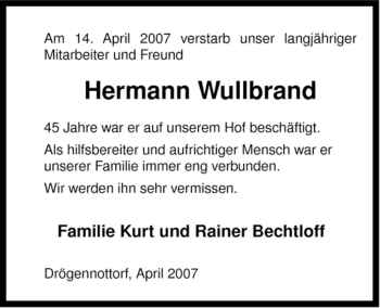 Traueranzeige von Hermann Wullbrand von ALLGEMEINE ZEITUNG UELZEN