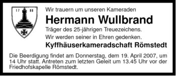 Traueranzeige von Hermann Wullbrand von ALLGEMEINE ZEITUNG UELZEN