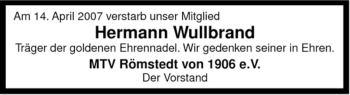 Traueranzeige von Hermann Wullbrand von ALLGEMEINE ZEITUNG UELZEN