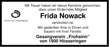 Traueranzeige von Frieda Nowack von ALLGEMEINE ZEITUNG UELZEN