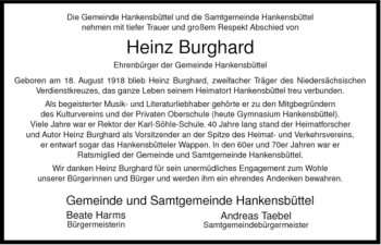 Traueranzeige von Heinz Burghard von ALLGEMEINE ZEITUNG UELZEN