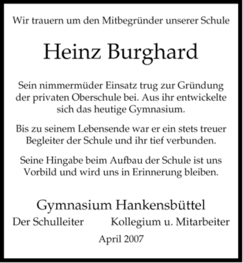 Traueranzeige von Heinz Burghardt von ALLGEMEINE ZEITUNG UELZEN