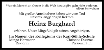 Traueranzeige von Heinz Burghard von ALLGEMEINE ZEITUNG UELZEN