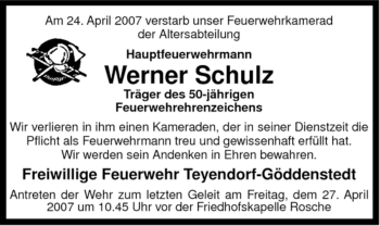 Traueranzeige von Werner Schulz von ALLGEMEINE ZEITUNG UELZEN