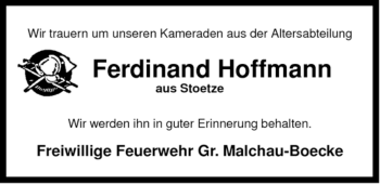 Traueranzeige von Ferdinand Hoffmann von ALLGEMEINE ZEITUNG UELZEN