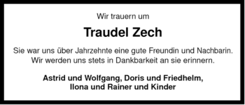 Traueranzeige von Traudel Zech von ALLGEMEINE ZEITUNG UELZEN