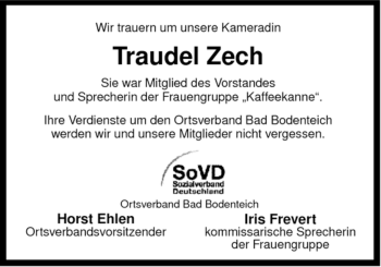 Traueranzeige von Traudel Zech von ALLGEMEINE ZEITUNG UELZEN