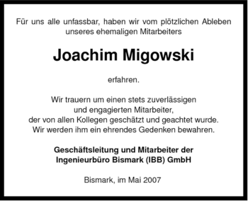 Traueranzeige von Joachim Migowski von ALLGEMEINE ZEITUNG UELZEN