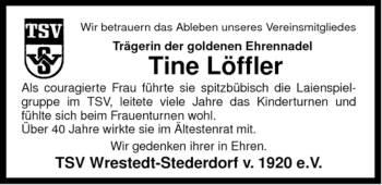 Traueranzeige von Tine Löffler von ALLGEMEINE ZEITUNG UELZEN