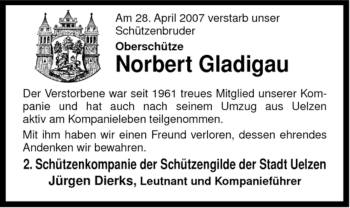 Traueranzeige von Norbert Gladigau von ALLGEMEINE ZEITUNG UELZEN