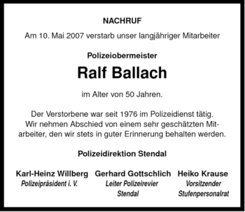 Traueranzeige von Ralf Ballach von ALLGEMEINE ZEITUNG UELZEN