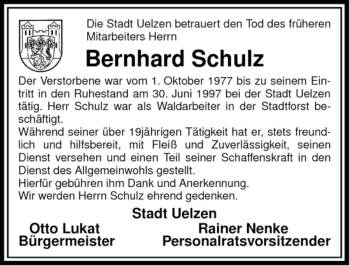 Traueranzeige von Bernhard Schulz von ALLGEMEINE ZEITUNG UELZEN