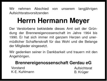 Traueranzeige von Hermann Meyer von ALLGEMEINE ZEITUNG UELZEN