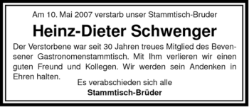 Traueranzeige von Heinz-Dieter Schwenger von ALLGEMEINE ZEITUNG UELZEN