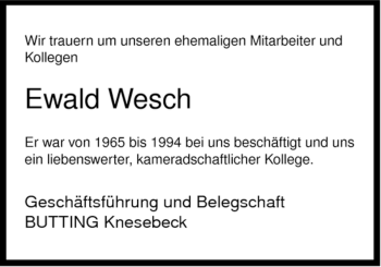 Traueranzeige von Ewald Wesch von ALLGEMEINE ZEITUNG UELZEN
