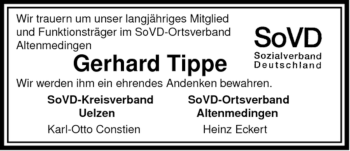 Traueranzeige von Gerhard Tippe von ALLGEMEINE ZEITUNG UELZEN