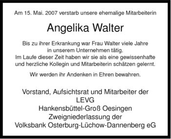 Traueranzeige von Angelika Wolter von ALLGEMEINE ZEITUNG UELZEN