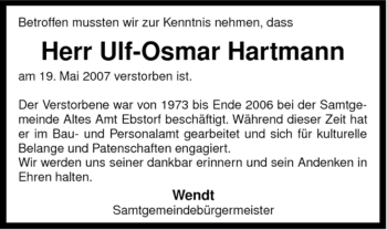 Traueranzeige von Ulf-Osmar Hartmann von ALLGEMEINE ZEITUNG UELZEN