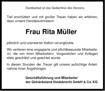 Traueranzeige von Rita Müller von ALLGEMEINE ZEITUNG UELZEN