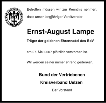 Traueranzeige von Ernst-August Lampe von ALLGEMEINE ZEITUNG UELZEN