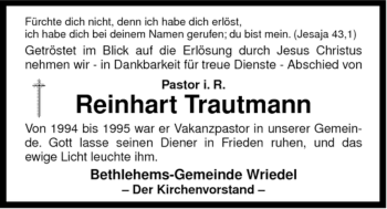 Traueranzeige von Reinhart Trautmann von ALLGEMEINE ZEITUNG UELZEN