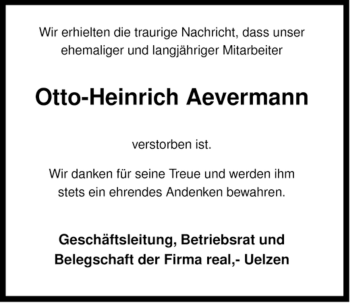 Traueranzeige von Otto-Heinrich Aevermann von ALLGEMEINE ZEITUNG UELZEN