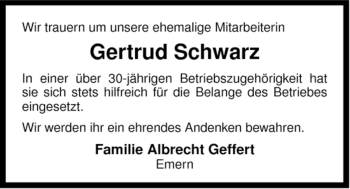 Traueranzeige von Gertrud Schwarz von ALLGEMEINE ZEITUNG UELZEN