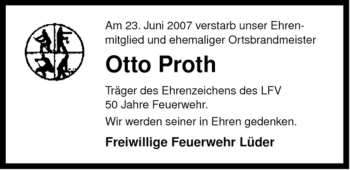 Traueranzeige von Otto Proth von ALLGEMEINE ZEITUNG UELZEN