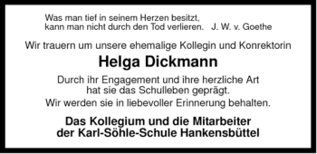 Traueranzeige von Helga Dickmann von ALLGEMEINE ZEITUNG UELZEN