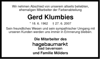 Traueranzeige von Gerd Klumbies von ALLGEMEINE ZEITUNG UELZEN