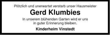 Traueranzeige von Gerd Klumbies von ALLGEMEINE ZEITUNG UELZEN