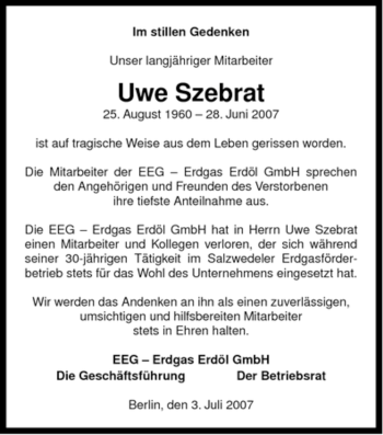 Traueranzeige von Uwe Szebrat von ALLGEMEINE ZEITUNG UELZEN