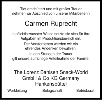 Traueranzeige von Carmen Ruprecht von ALLGEMEINE ZEITUNG UELZEN