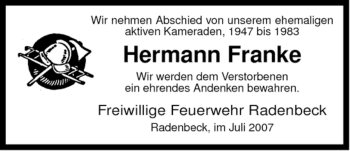 Traueranzeige von Hermann Franke von ALLGEMEINE ZEITUNG UELZEN