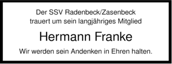 Traueranzeige von Hermann Franke von ALLGEMEINE ZEITUNG UELZEN