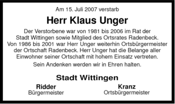 Traueranzeige von Klaus Unger von ALLGEMEINE ZEITUNG UELZEN