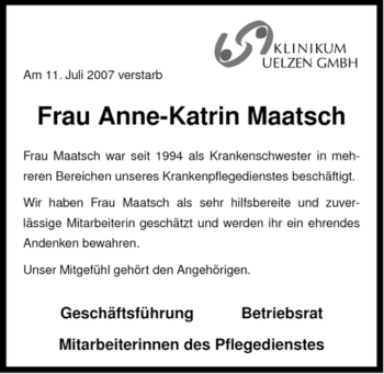 Traueranzeige von Anne-Katrin Maatsch von ALLGEMEINE ZEITUNG UELZEN