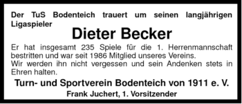 Traueranzeige von Dieter Becker von ALLGEMEINE ZEITUNG UELZEN